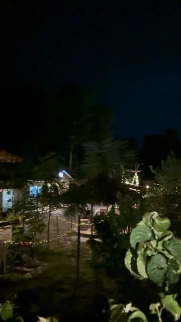 The grounds after dark, huts and paths picked out in string lights.